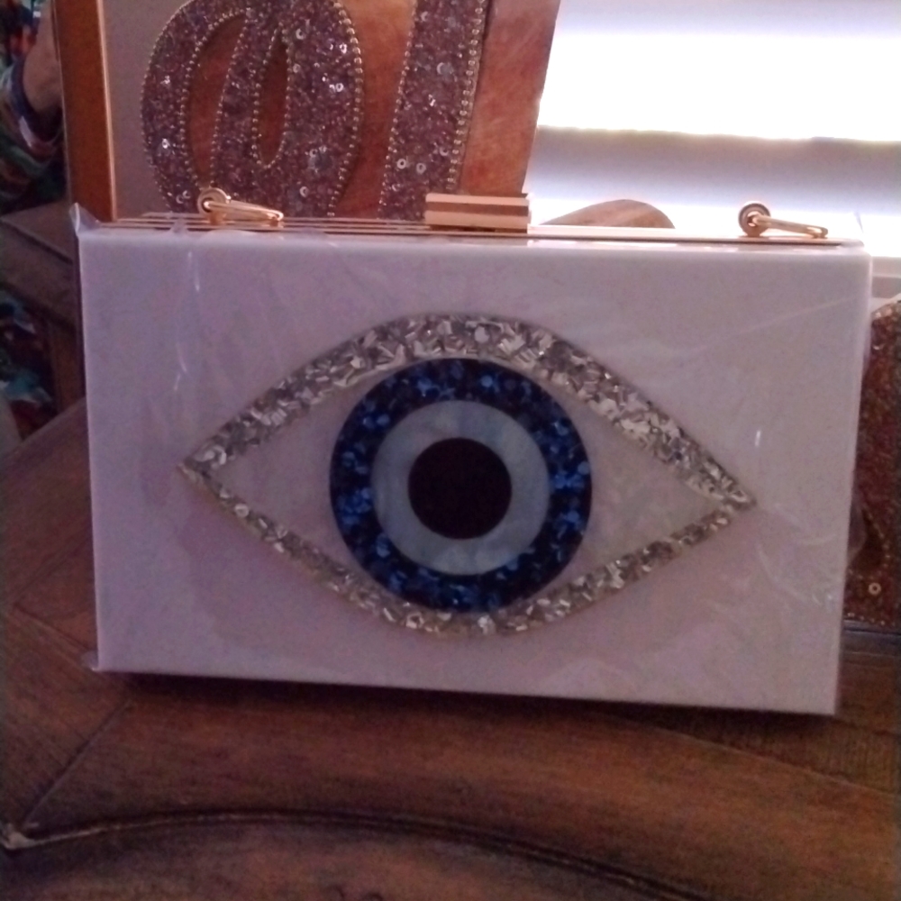 Im back! Evil eye acrylicJeweledd  (silver) purse. Crossbody or clutch.